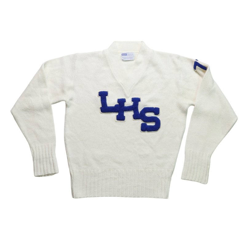 70's AMF white V-neck campus sweater Letterman Sweater pullover knitted sweater - สเวตเตอร์ผู้หญิง - อะคริลิค ขาว