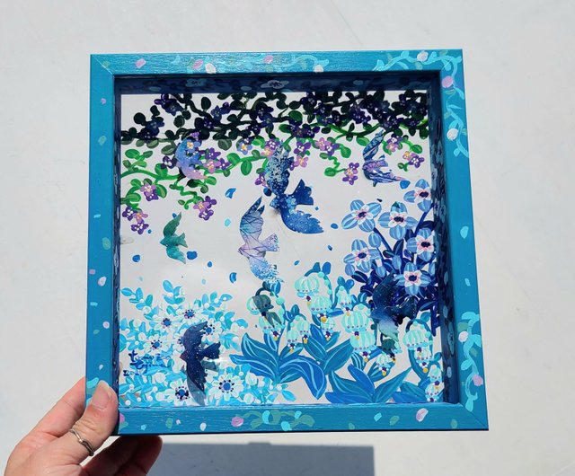 受注生産/花庭散歩/青い鳥】 透明アート 影絵 インテリア 花
