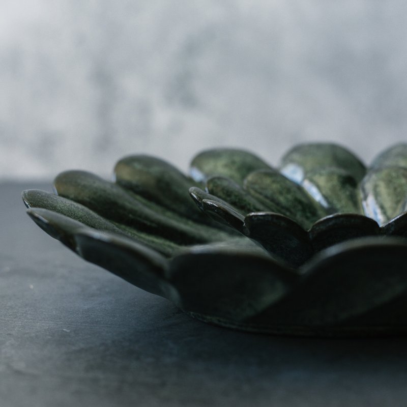 Ritual Blossoms of Life-Green Moss Flower Long Plate (M/L) - Plates & Trays - Pottery Green