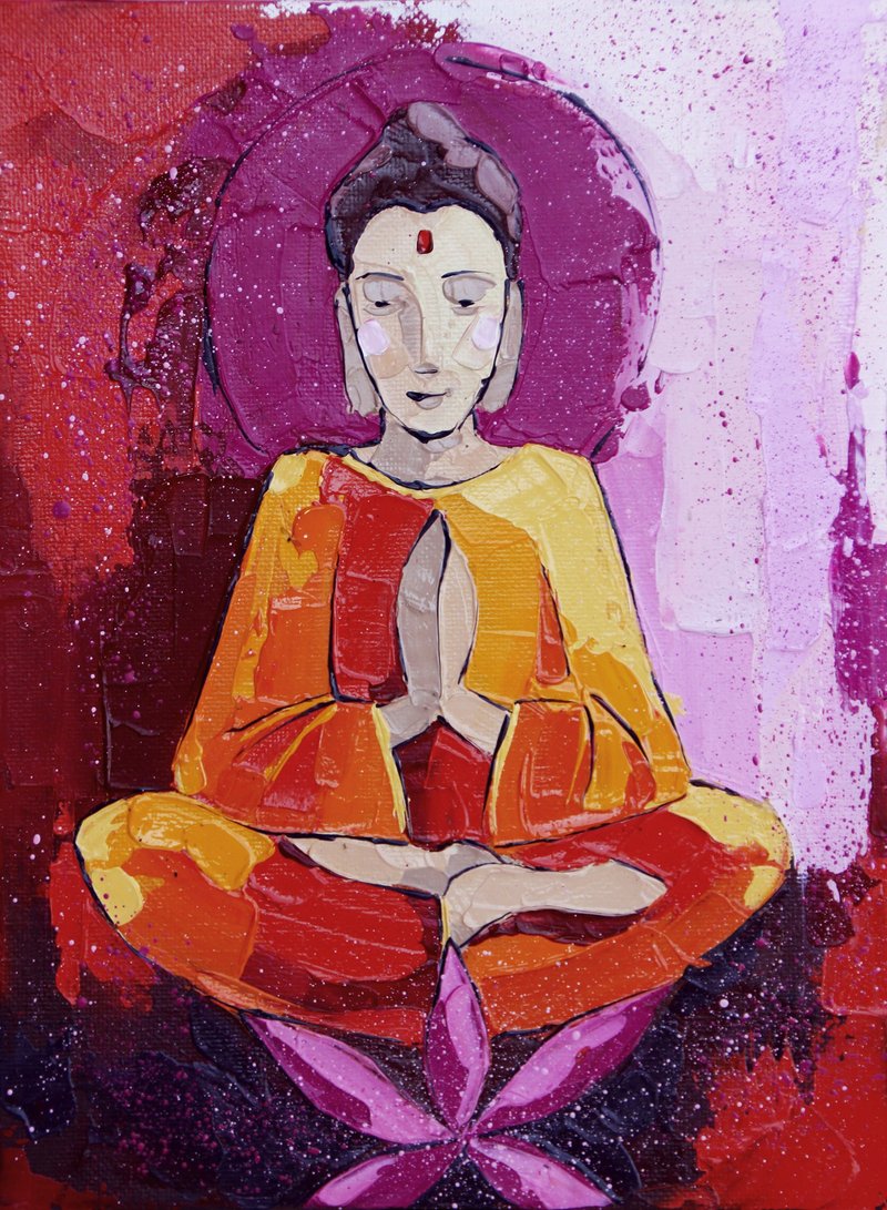 Buddha Painting Meditation Original Art Indian Artwork Buddhism Wall Art Zen - 海報/掛畫/掛布 - 其他材質 紫色