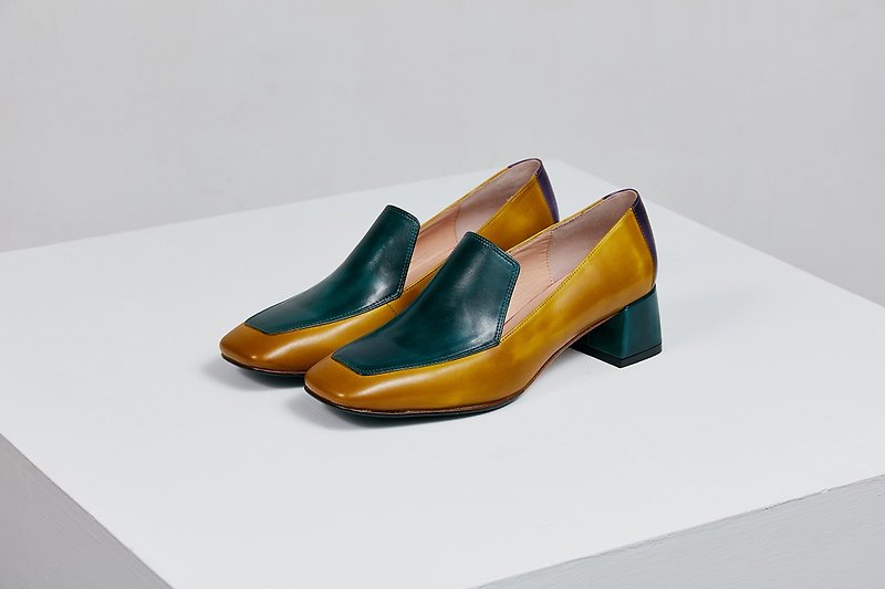 HTHREE square head Lok Fu heel / Moss green / thick heel / retro - Women's Oxford Shoes - Genuine Leather Green
