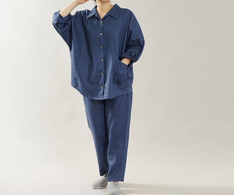 wafu Linen pajamas / tops / bottoms / sleepwear / blue r008a-bum2 - Loungewear & Sleepwear - Cotton & Hemp Blue