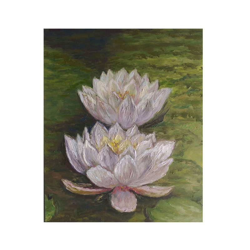 Water Lilies Painting,Floral Wall Art,Original Painting,White Lotus Artwork - ตกแต่งผนัง - ไม้ สีเขียว