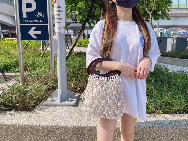 Macrame微笑木環手提包【Diy Macrame Bag Kit】材料 - 編織/刺繡/羊毛氈/縫紉 - 棉．麻 