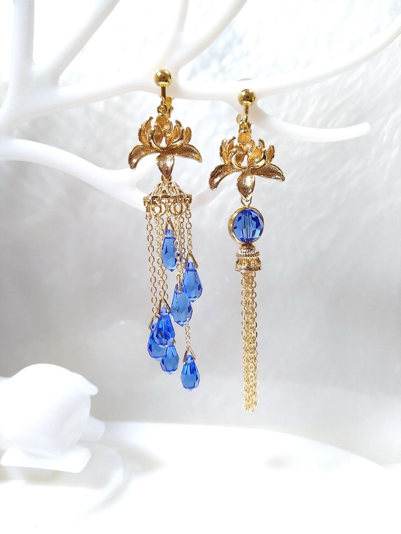 SWAROVSKI series [Lotus] asymmetrical clip-on earrings with tassels and water drops are the only one - Earrings & Clip-ons - Crystal Blue