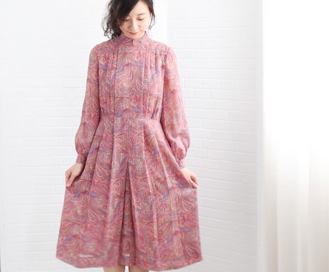 春夏オリジナル日本レトロアメーバトーテムファインシフォンピンク長袖ヴィンテージワンピース ショップ Rereburn ワンピース Pinkoi