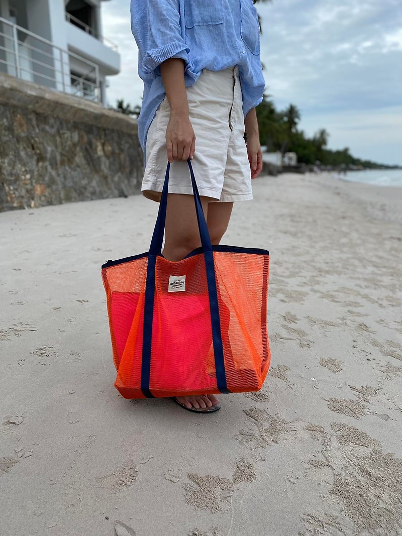 New Orange Mesh bag with zipper/ Fitness Bag/ Grocery Bag/ Beach Bag Size L - กระเป๋าถือ - วัสดุอื่นๆ สีส้ม
