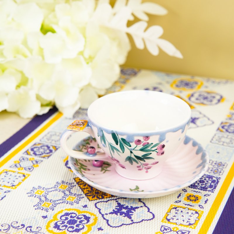 Floral Harmony Tea Set, Handcrafted Porcelain Elegant Purple Mug & Saucer - Mugs - Pottery Purple