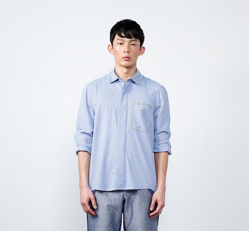 【設計款】千鳥拼接條紋男襯衫-藍 - 男裝 恤衫 - 其他材質 藍色