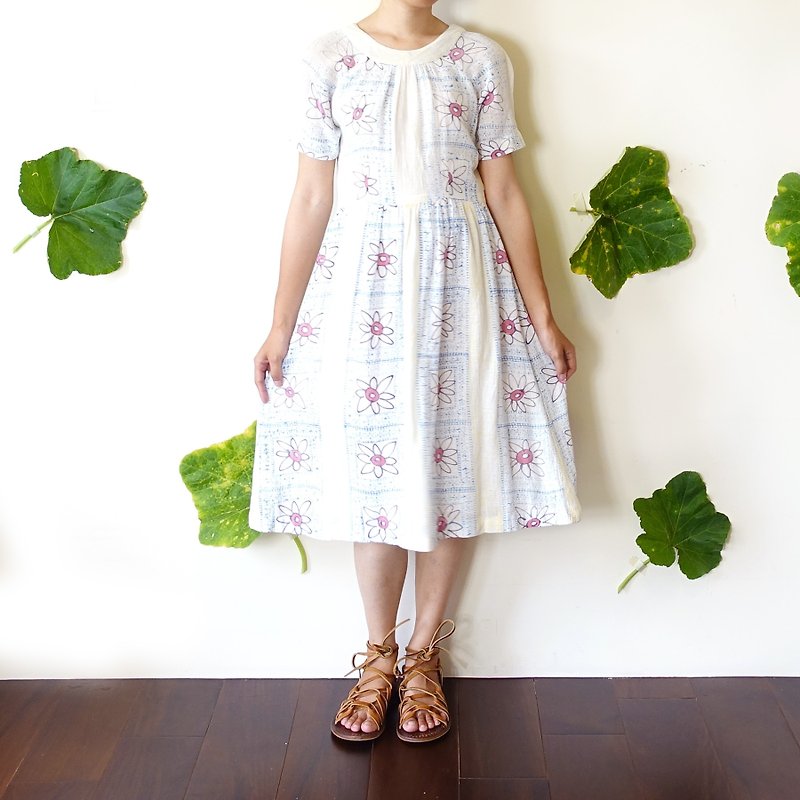 BajuTua / vintage / pure white cover dyed flowers mini dress - One Piece Dresses - Cotton & Hemp White