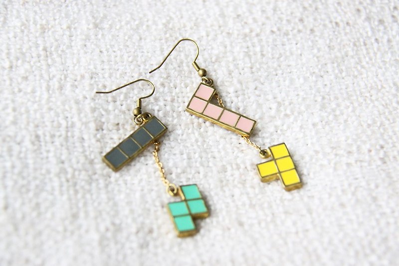 Tetris Earrings - Handmade Jewelry - September Room - 耳環/耳夾 - 其他金屬 金色