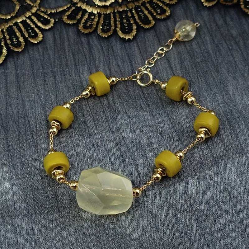 手鍊 檸檬黃水晶 印度手工琉璃珠 管珠 黃鈦晶 包金 寶石 手珠 - 手鍊/手環 - 寶石 