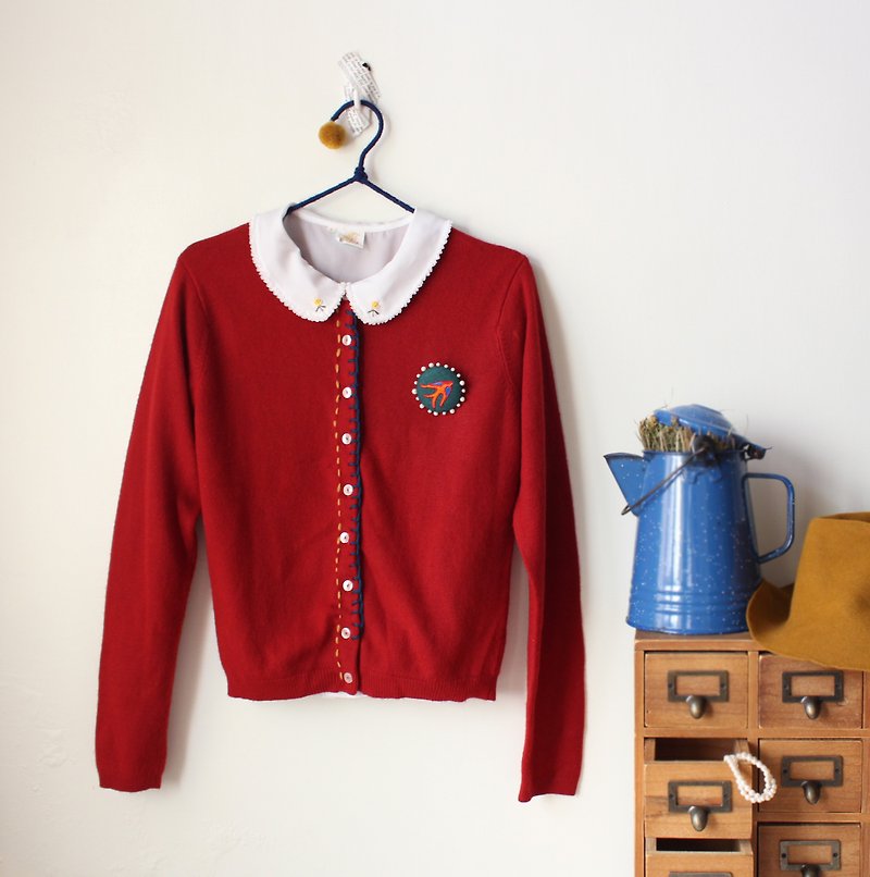 Sew red wool knit jacket containing transformation brooch - กระเป๋าถือ - ขนแกะ สีแดง