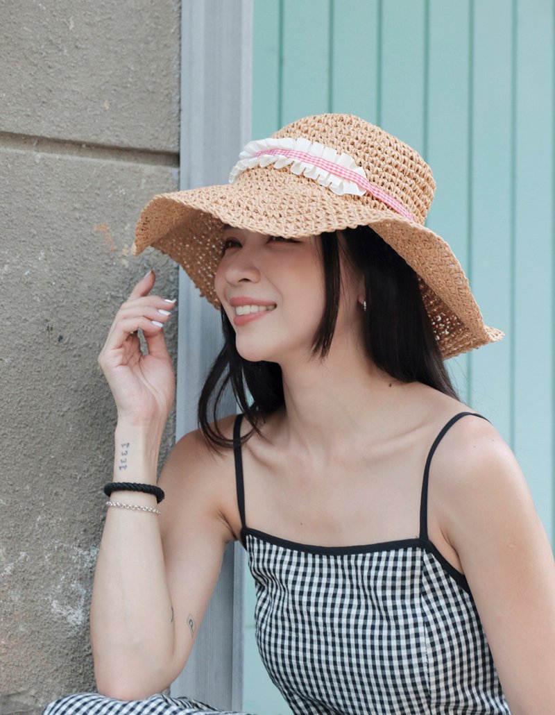 Unni花香蝶舞草帽-編織帽 帽 遮陽帽 草帽 防曬 straw hat 寬簷帽 - 帽子 - 植物．花 金色