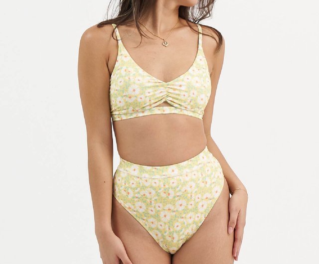 Yellow Crinkle Scoop Neck Bikini Top