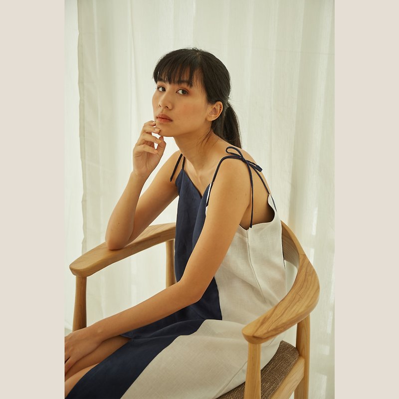 Linen Mood Dress - Navy - 洋裝/連身裙 - 棉．麻 藍色