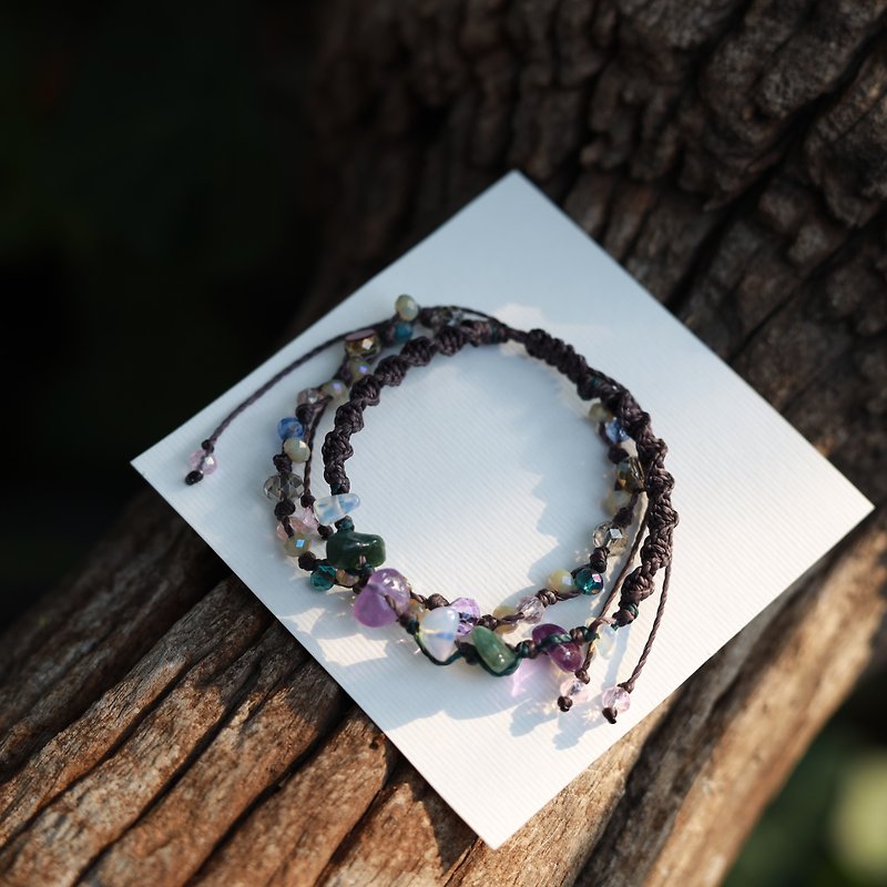 Natural stone crystal woven waxed cord double layered bracelet - 手鍊/手鐲 - 繡線 紫色