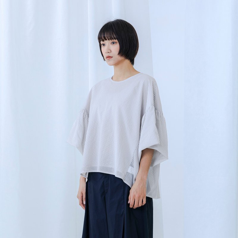 細條紋波浪泡袖上衣 - 女上衣/長袖上衣 - 聚酯纖維 灰色