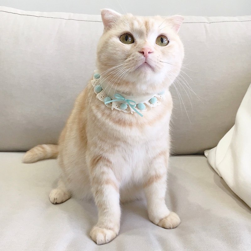 【恰氏手作】Tiffany色緞帶mix蕾絲項圈 貓狗寵物項圈領巾 - 項圈/牽繩 - 棉．麻 