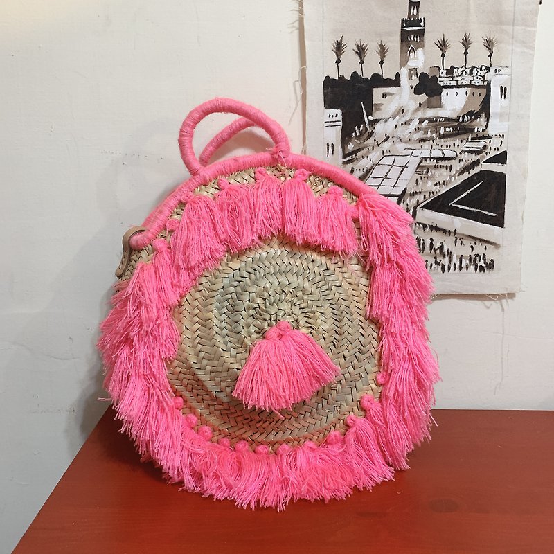 モロッコナツメヤシ 手織りバッグ タッセルバスケット アプリコットポーレン - トート・ハンドバッグ - サステナブル素材 ピンク