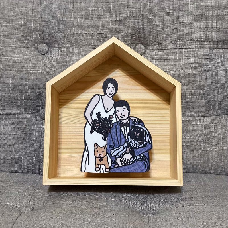 【情人節禮物】客製 Hanna插畫 情侶/家人/寵物插畫相框 - 似顏繪/客製畫 - 木頭 咖啡色