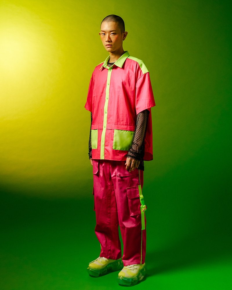 桃紅撞色短袖襯衫 - 男襯衫/休閒襯衫 - 棉．麻 紅色