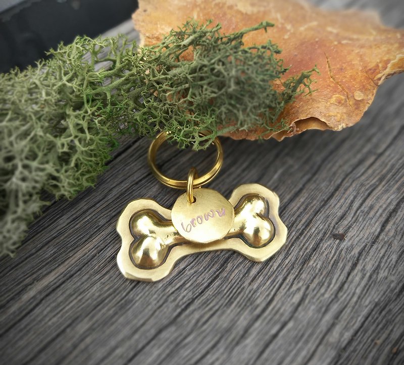 Bronze Small Bone Key Ring / Charm / Dog Tag Pet Name Tag - ปลอกคอ - ทองแดงทองเหลือง สีทอง