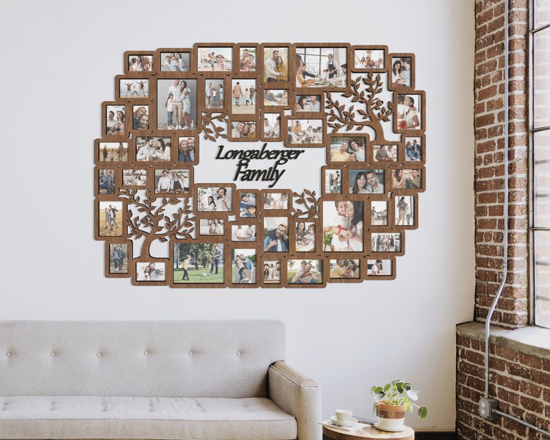 Personalized family tree photo frame collage 52 frames Custom text in the middle - 壁貼/牆壁裝飾 - 木頭 咖啡色