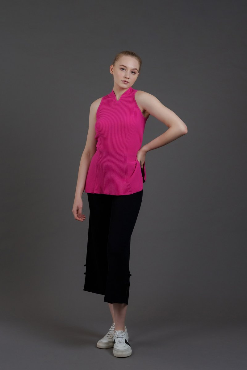 Knitted Qipao Tunic Top (Fuchsia) - เสื้อผู้หญิง - ผ้าฝ้าย/ผ้าลินิน สึชมพู