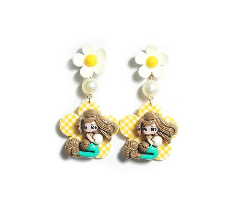 [Shop No. 7 on Seventh Street] Original fun flower and mermaid earrings/ear clips - Earrings & Clip-ons - Resin Yellow
