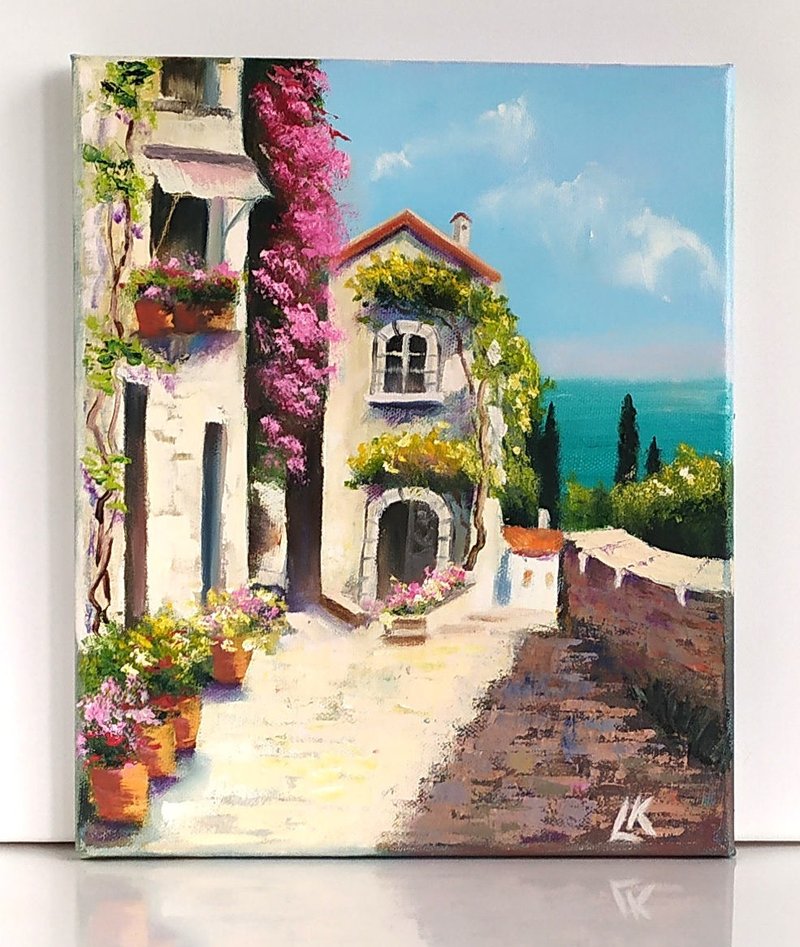 Mediterranean landscape Art Italy Oil Painting on Canvas Italy Street Art - ตกแต่งผนัง - ผ้าฝ้าย/ผ้าลินิน หลากหลายสี