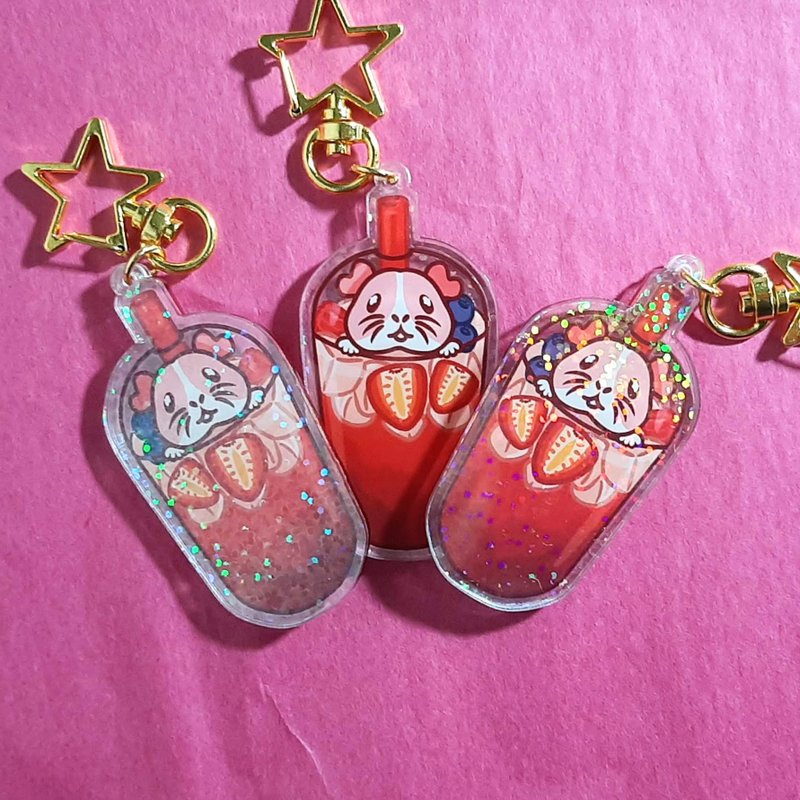 Guinea Pig Strawberry Tea Holographic Acrylic Charm - Keychains - Other Materials Red