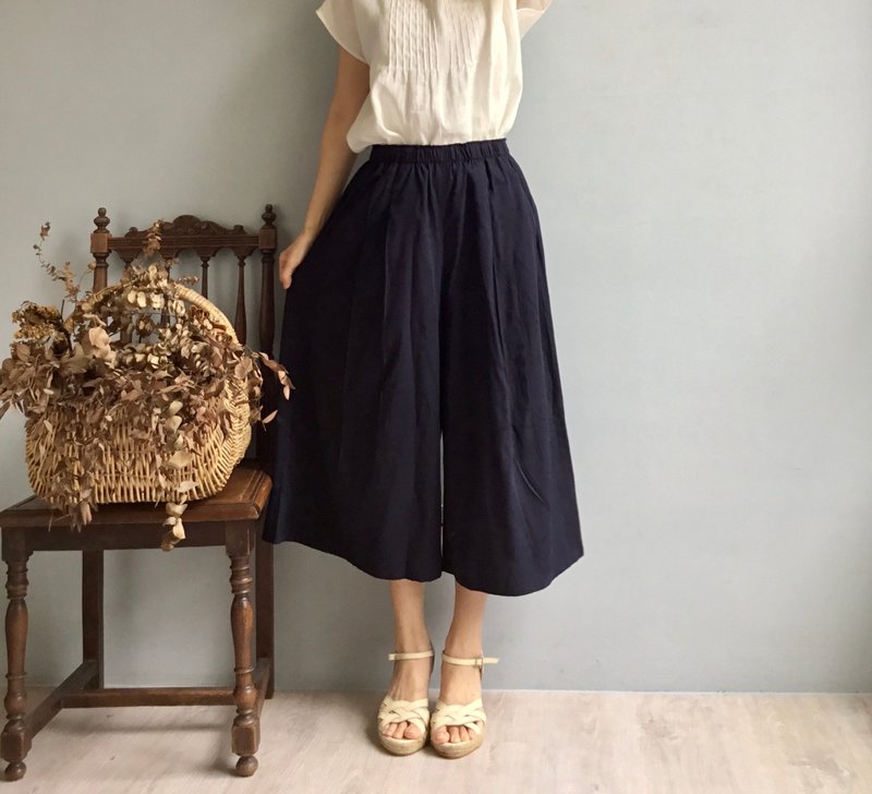 Annecy Pearl/slim dark blue jacquard cotton mid-length skirt/wide culottes 100% cotton - กางเกงขาสั้น - ผ้าฝ้าย/ผ้าลินิน 