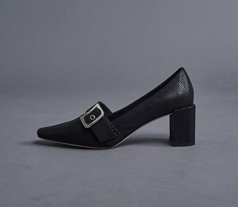 Metal buckle angle cut thick heel black - High Heels - Genuine Leather Black