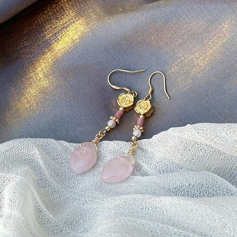 【Rose Moon Flower Morning】Dangle Earrings - Earrings & Clip-ons - Semi-Precious Stones Pink