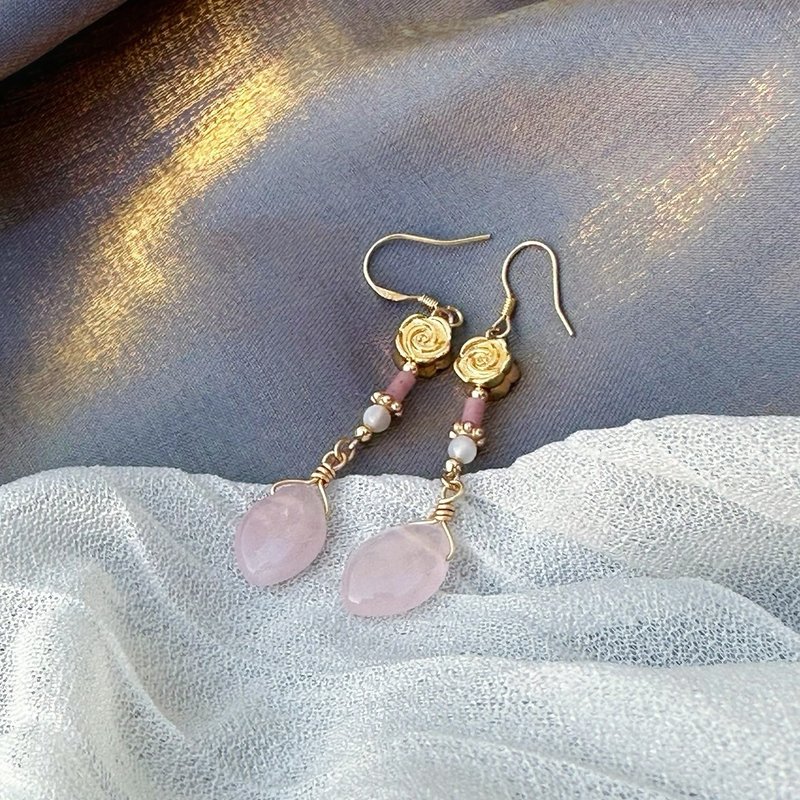 【Rose Moon Flower Morning】Dangle Earrings - ต่างหู - เครื่องประดับพลอย สึชมพู