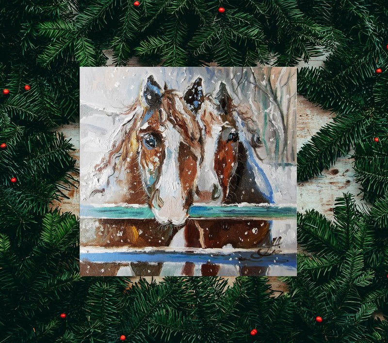 Horse oil painting, Horse Arton canvas, Animals portrait painting, Christmas wal - ตกแต่งผนัง - วัสดุอื่นๆ หลากหลายสี