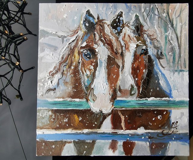 馬の油絵、馬のアートン キャンバス、動物の肖像画、クリスマス