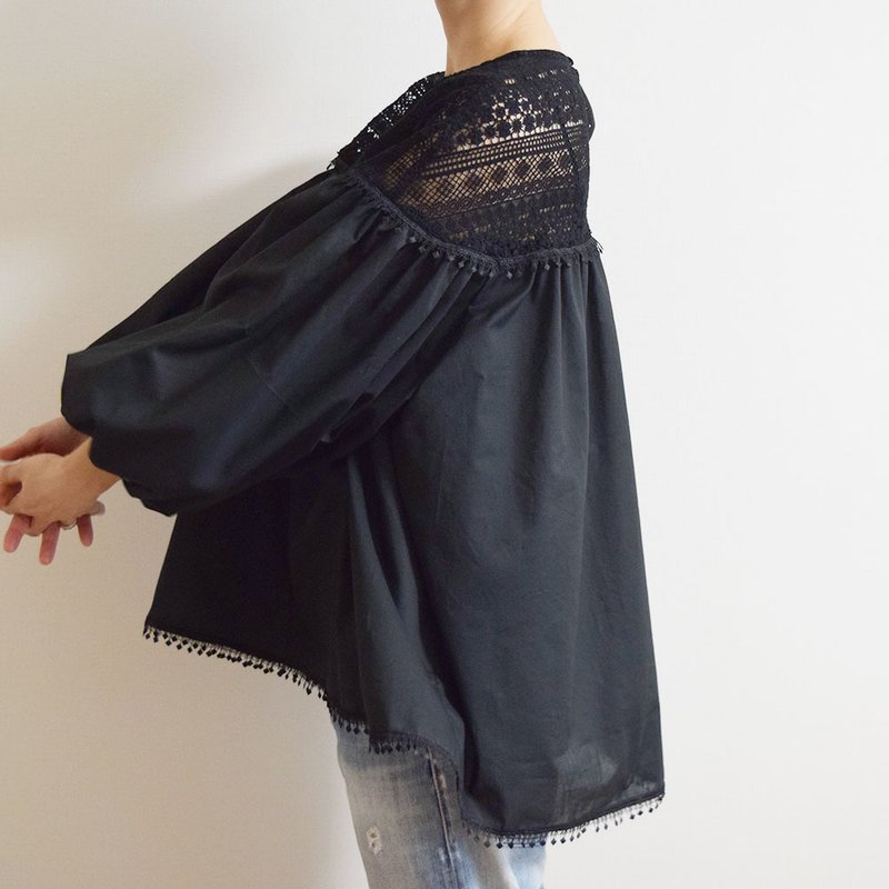 Cotton lace-switched tunic blouse, black, made to order - เสื้อเชิ้ตผู้หญิง - ผ้าฝ้าย/ผ้าลินิน สีดำ