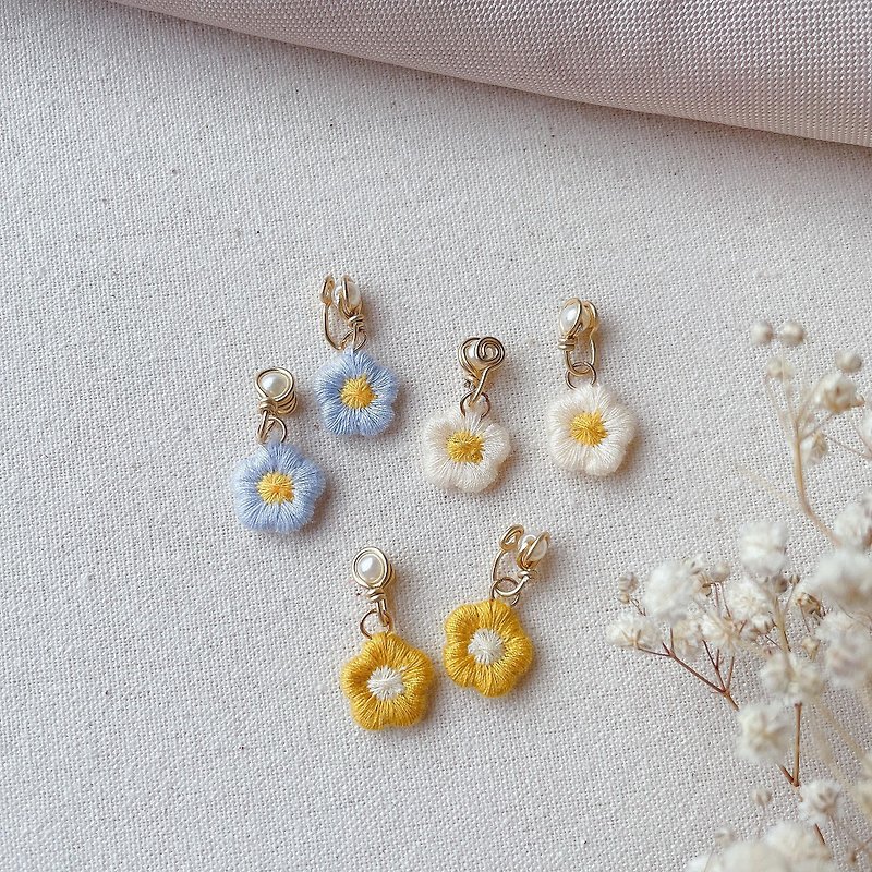 Braided Flowers / Painless Clip-On& Ear Needles - Earrings & Clip-ons - Thread Multicolor