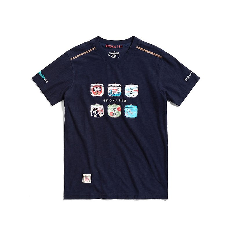江戸勝 和風ワインボトルプリントロゴ半袖Tシャツ メンズ (1cm ブルー) #トップ - Tシャツ メンズ - コットン・麻 ブルー
