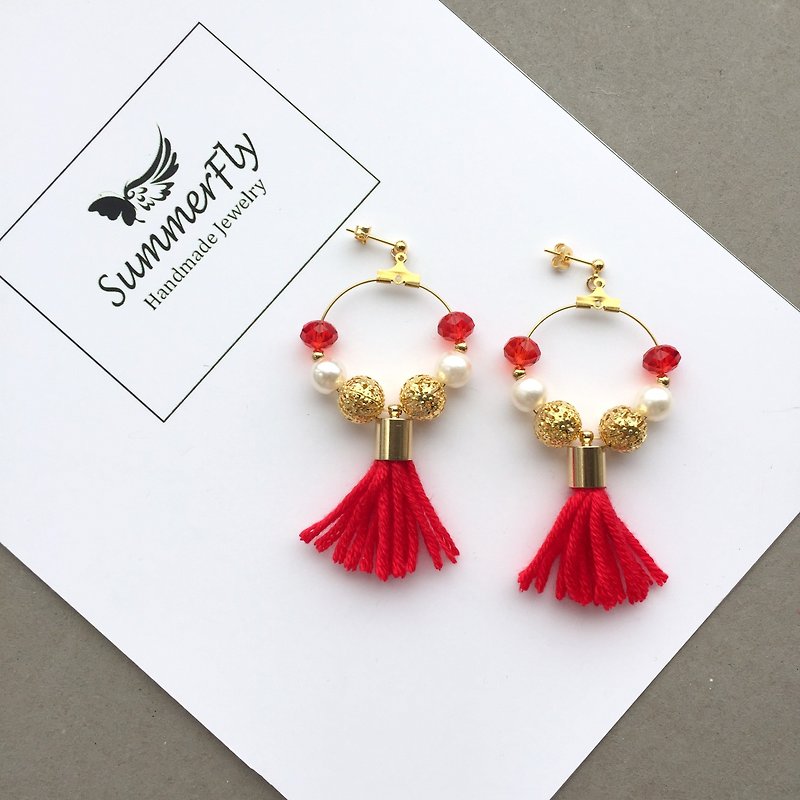 Ear clip-on can be changed! ❤️ Christmas red! Tassel pearl! brass! Golden bell crystal diamond bride Chinese wedding golden Swarovski SWAROVSKI wool earrings ear ring ear acupuncture stud earrings birthday gift holiday gift exchange minimalist - Earrings & Clip-ons - Other Metals Red