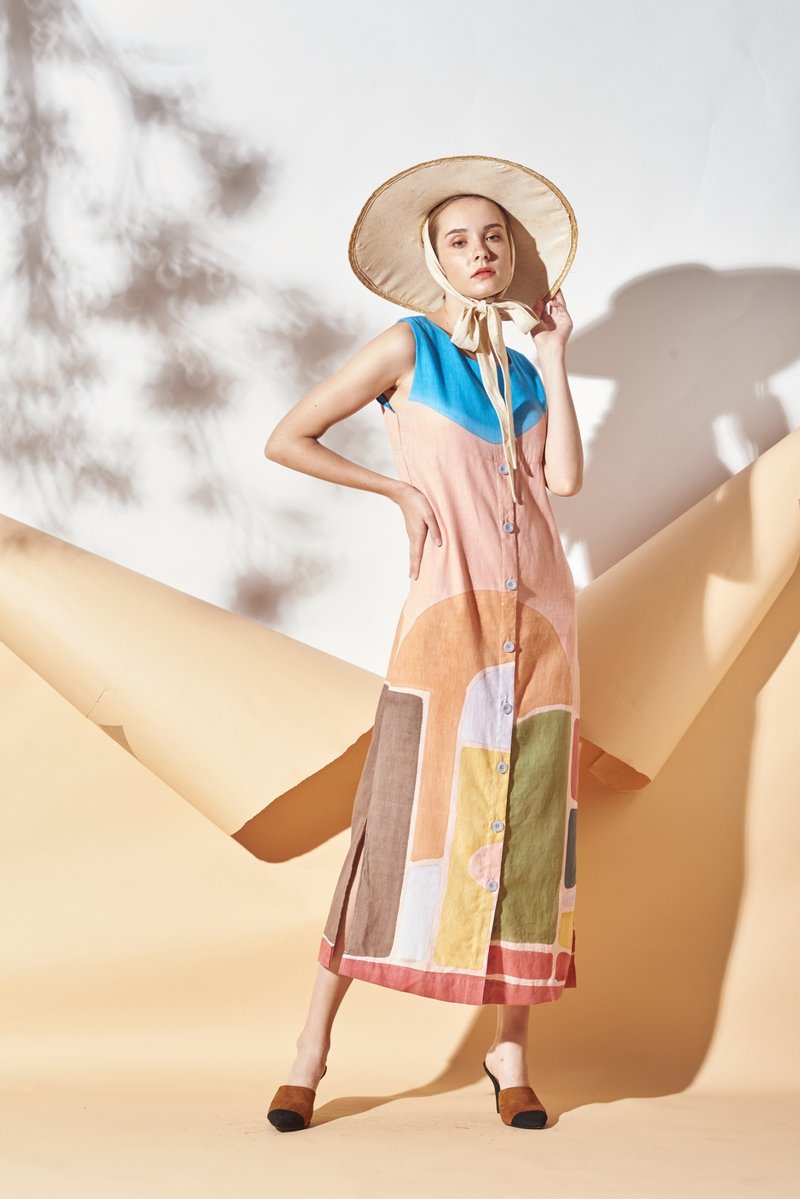 Lond Dress Linen Hand Paint Art&Decor - 洋裝/連身裙 - 棉．麻 多色
