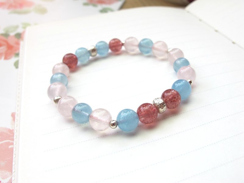 Seawater Sapphire Pink Crystal Strawberry Crystal 925 Sterling Silver [Wei] Self-Confidence Calm Emotions - สร้อยข้อมือ - คริสตัล หลากหลายสี