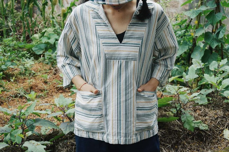 黃綠條紋 中性夏季防曬涼爽雙兜襯衣 日產色織純棉面料 - 女上衣/長袖上衣 - 棉．麻 藍色
