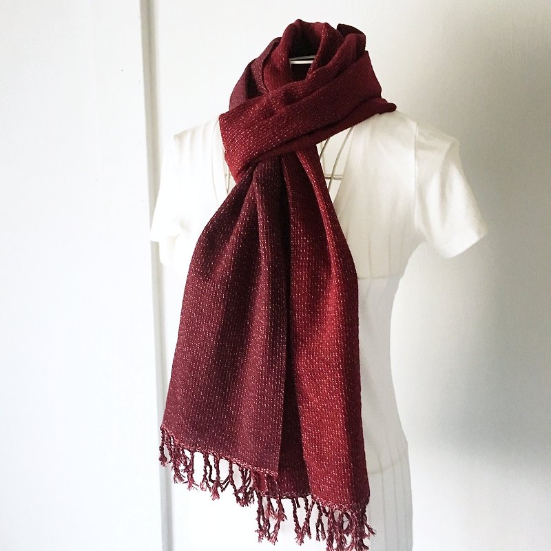 Unisex hand-woven scarf "Wine red with White dots Vol. 3" - ผ้าพันคอ - ขนแกะ สีแดง