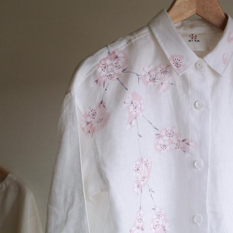 Linen · long shirt white <cherry blossoms> - Women's Tops - Cotton & Hemp 