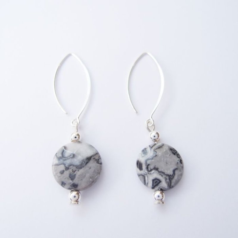 Map round stone 925 silver earrings 1 - ต่างหู - โลหะ สีเทา