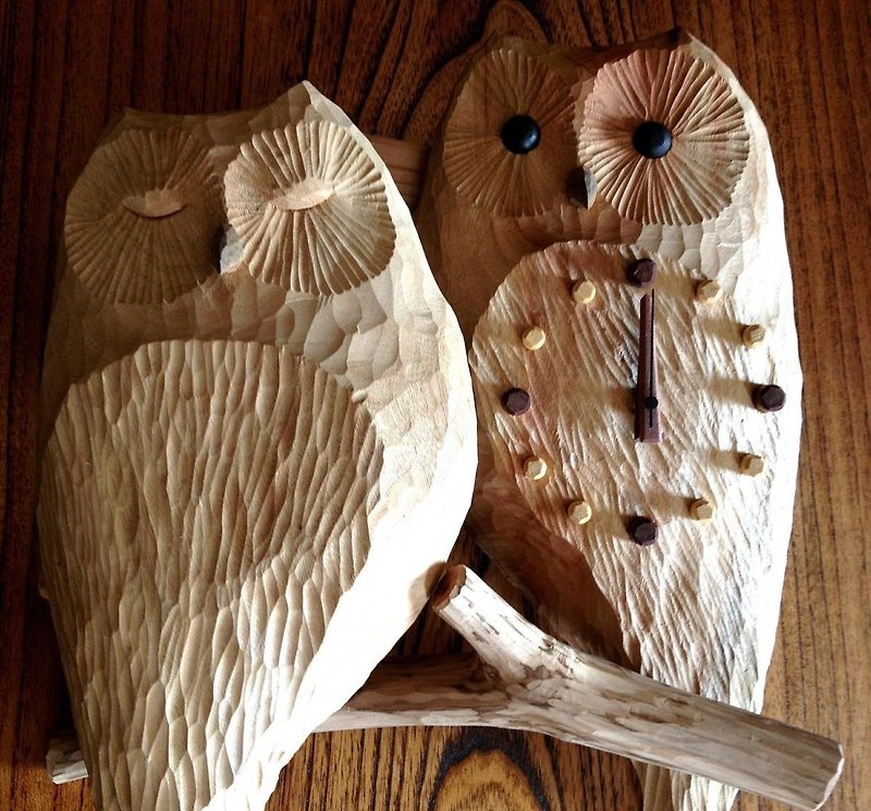 Hand carved  pair owl clock - Clocks - Wood Khaki