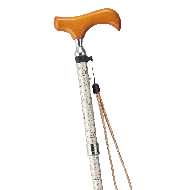 ラブリードッグ 犬柄 折りたたみアルミステッキ・アイボリー 75-85cm スリムネック 木製グリップ ストラップ 折りたたみホルダー - 其他 - 鋁合金 卡其色